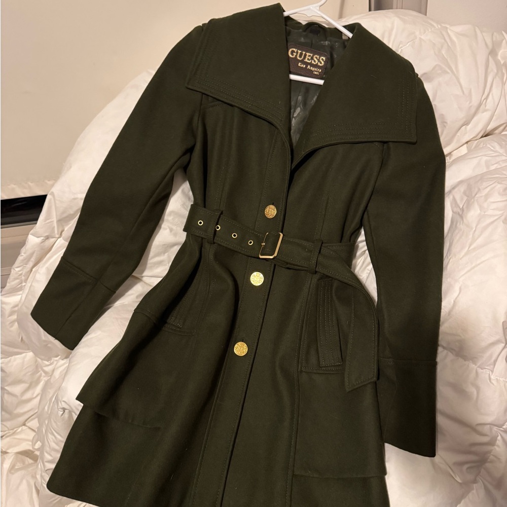 Guess green wool blend coat with gold accents